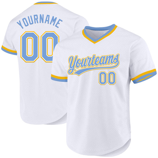 Custom White Light Blue-Gold Authentic Throwback Baseball Jersey - Sky-Custom