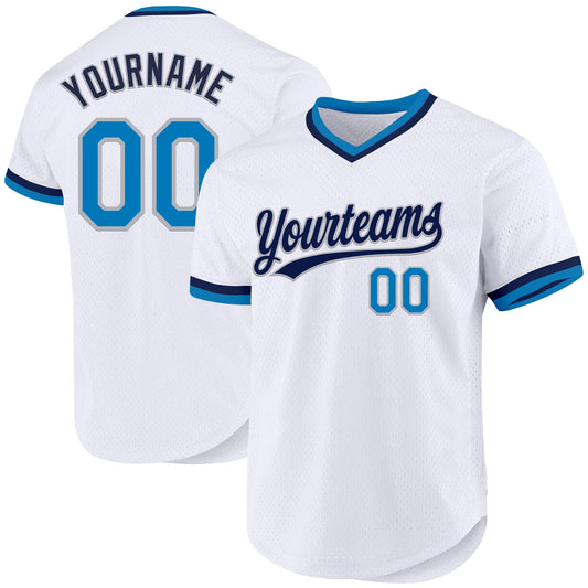 Custom White Blue Gray-Navy Authentic Throwback Baseball Jersey - Sky-Custom