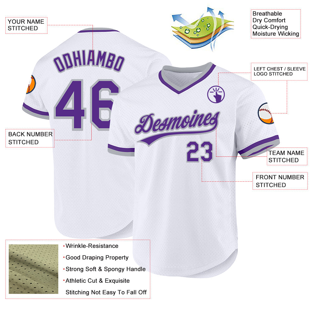 Custom White Purple-Gray Authentic Throwback Baseball Jersey - Sky-Custom