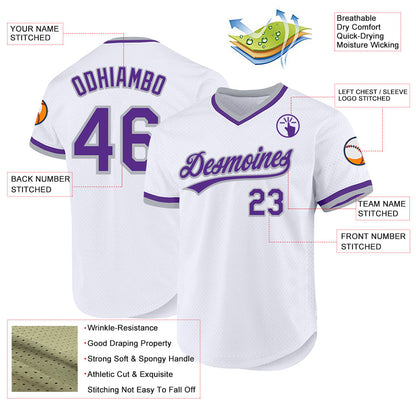 Custom White Purple-Gray Authentic Throwback Baseball Jersey - Sky-Custom