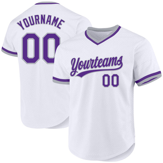 Custom White Purple-Gray Authentic Throwback Baseball Jersey - Sky-Custom
