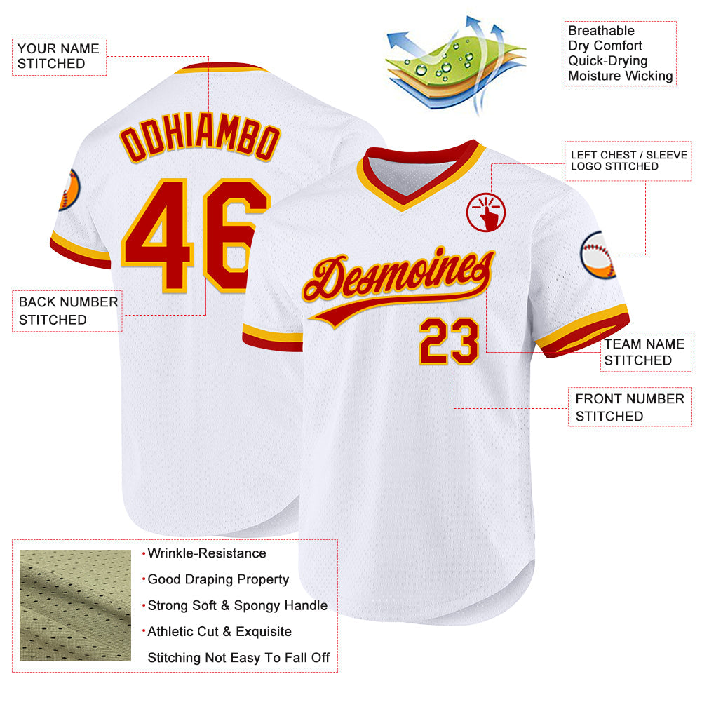 Custom White Red-Gold Authentic Throwback Baseball Jersey - Sky-Custom