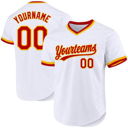 Custom White Red-Gold Authentic Throwback Baseball Jersey - Sky-Custom