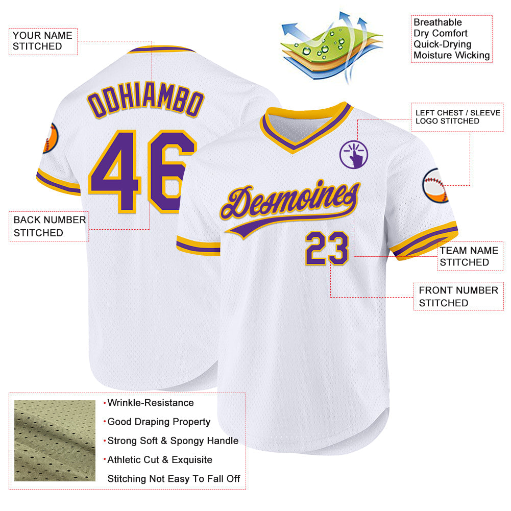 Custom White Purple-Gold Authentic Throwback Baseball Jersey - Sky-Custom