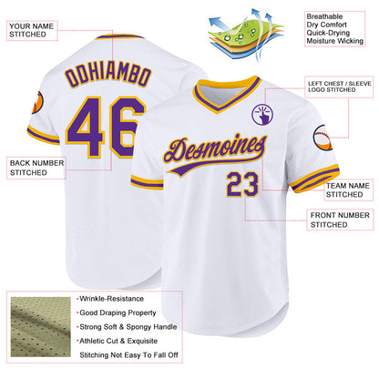 Custom White Purple-Gold Authentic Throwback Baseball Jersey - Sky-Custom