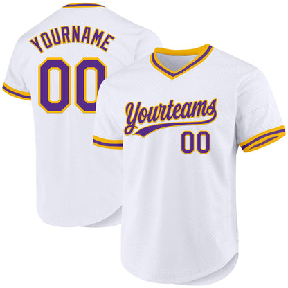 Custom White Purple-Gold Authentic Throwback Baseball Jersey - Sky-Custom