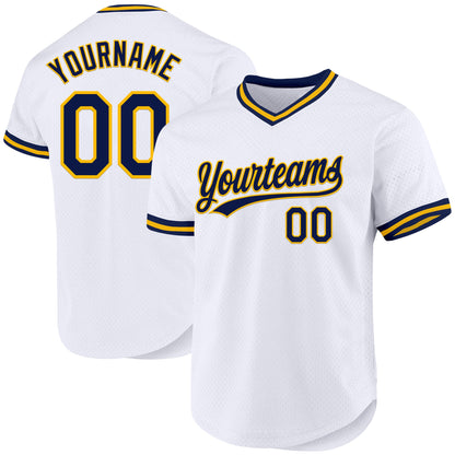 Custom White Navy-Gold Authentic Throwback Baseball Jersey - Sky-Custom