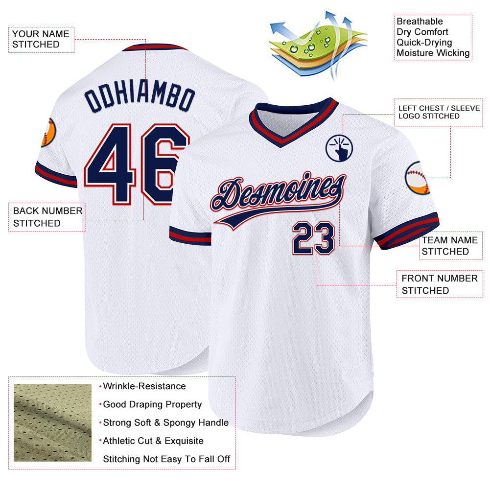 Custom White Navy-Red Authentic Throwback Baseball Jersey - Sky-Custom