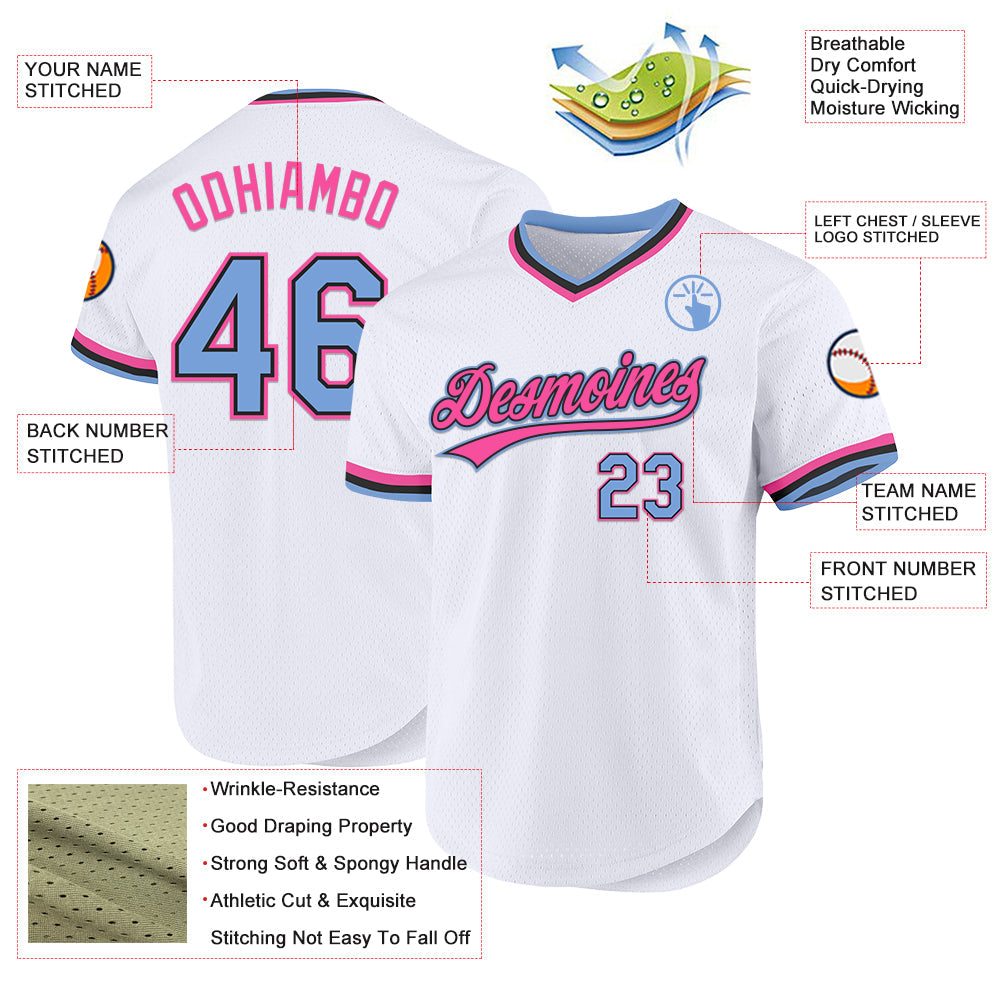 Custom White Light Blue Black-Pink Authentic Throwback Baseball Jersey - Sky-Custom
