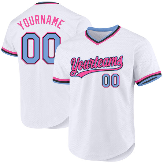 Custom White Light Blue Black-Pink Authentic Throwback Baseball Jersey - Sky-Custom