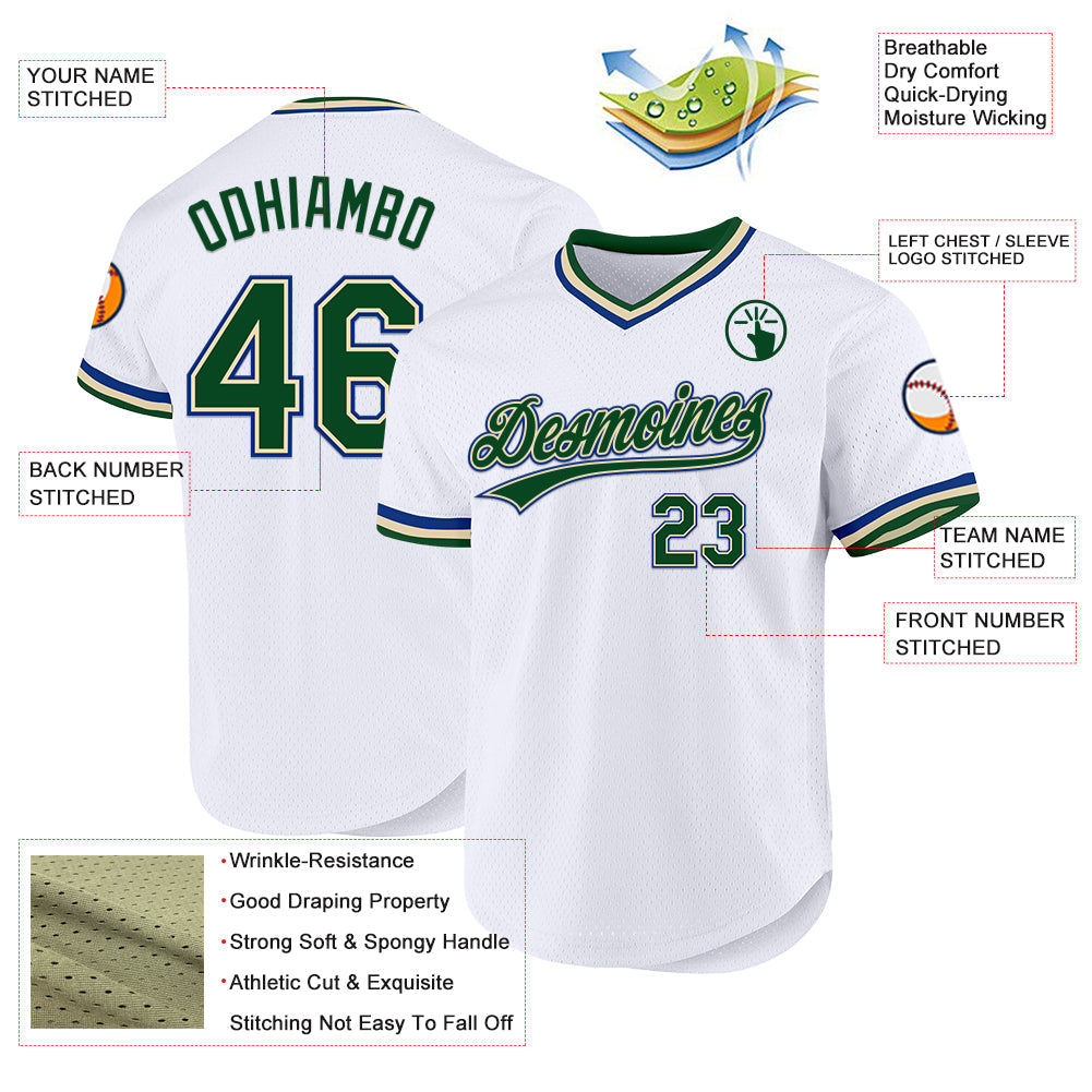 Custom White Green Cream-Royal Authentic Throwback Baseball Jersey - Sky-Custom