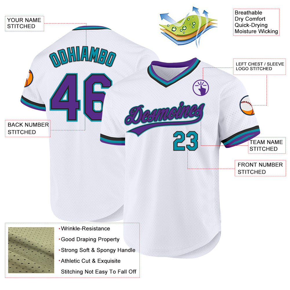 Custom White Purple Black-Teal Authentic Throwback Baseball Jersey - Sky-Custom