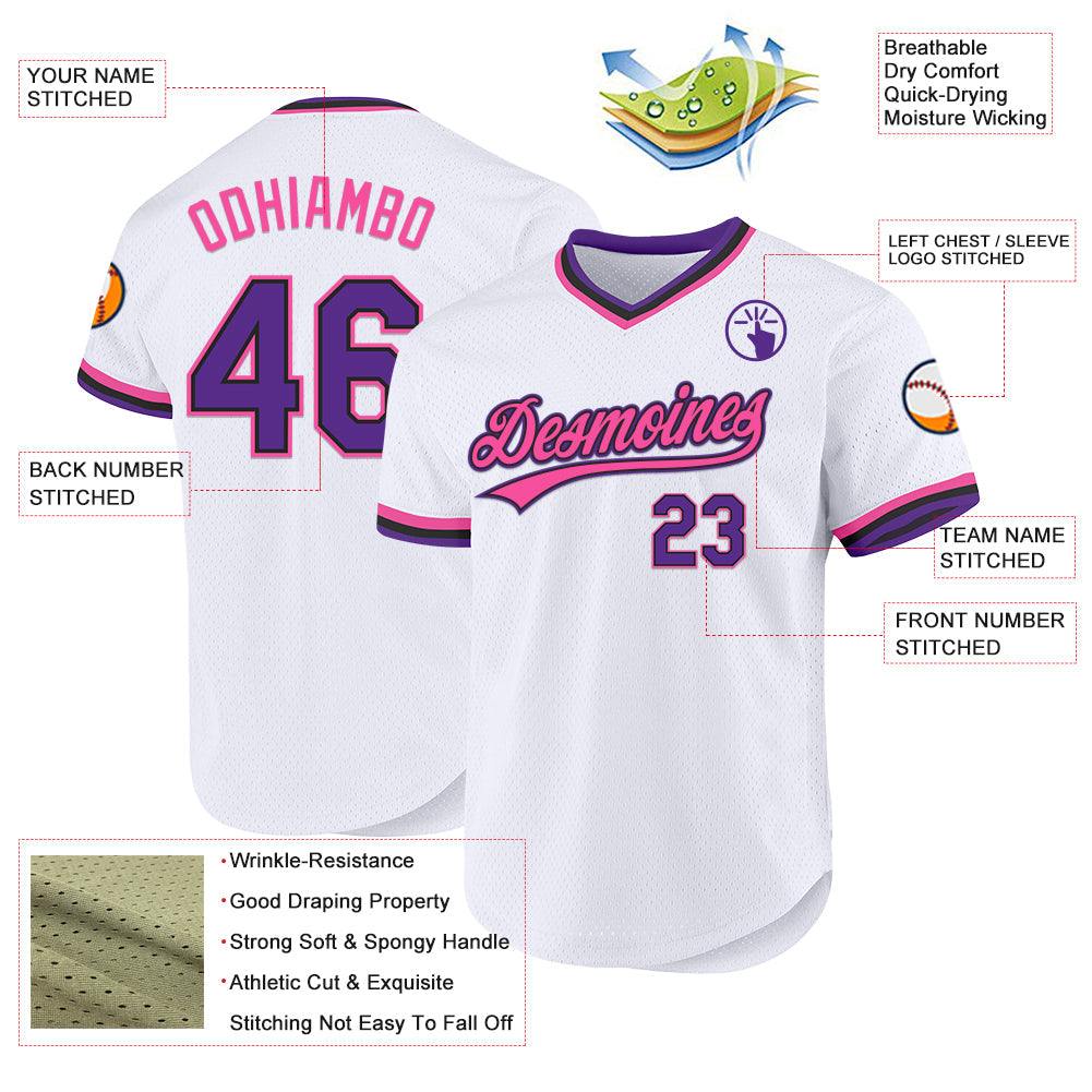 Custom White Purple Black-Pink Authentic Throwback Baseball Jersey - Sky-Custom