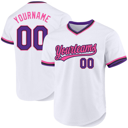 Custom White Purple Black-Pink Authentic Throwback Baseball Jersey - Sky-Custom