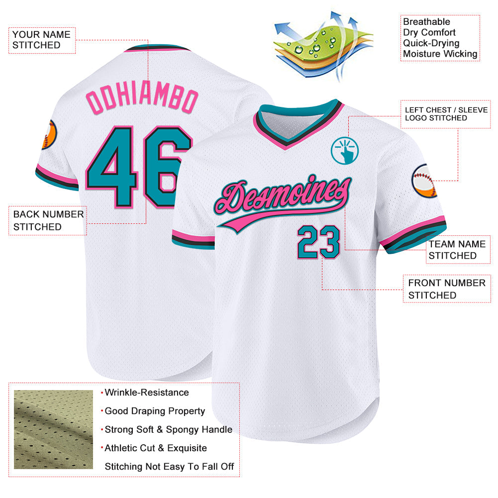 Custom White Teal Black-Pink Authentic Throwback Baseball Jersey - Sky-Custom