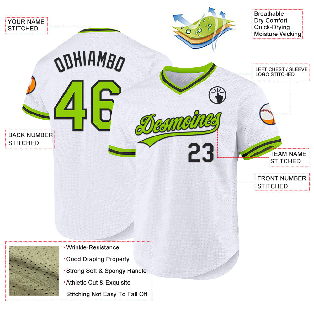 Custom White Neon Green-Black Authentic Throwback Baseball Jersey - Sky-Custom