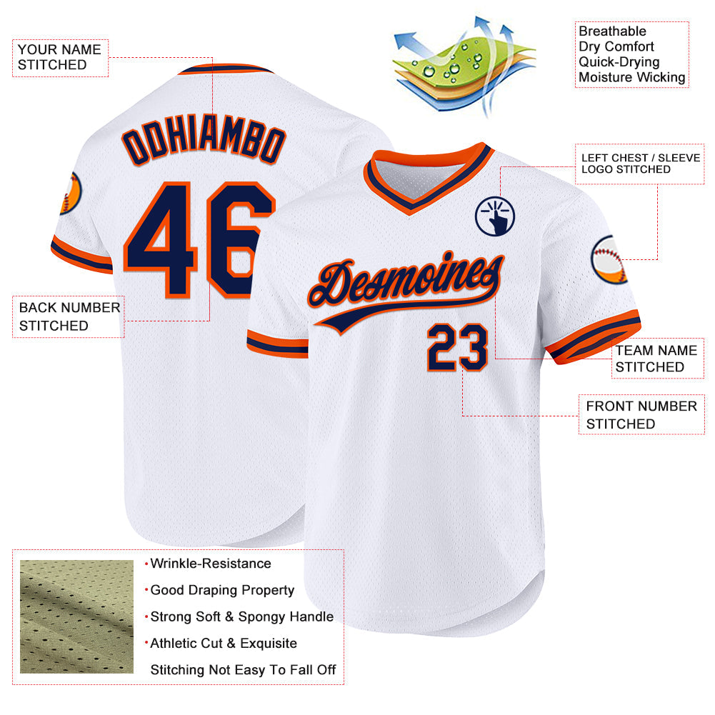 Custom White Navy-Orange Authentic Throwback Baseball Jersey - Sky-Custom