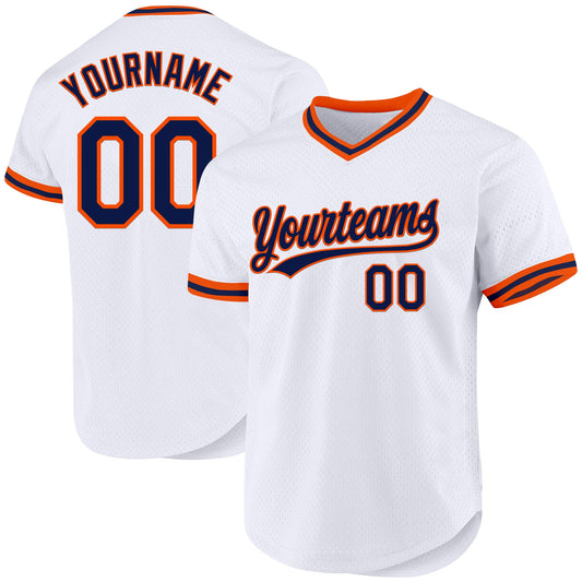 Custom White Navy-Orange Authentic Throwback Baseball Jersey - Sky-Custom