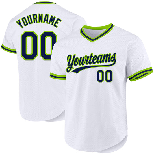 Custom White Navy-Neon Green Authentic Throwback Baseball Jersey - Sky-Custom