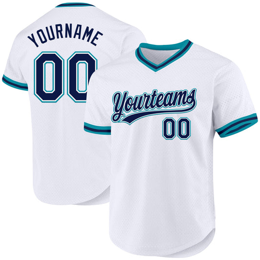 Custom White Navy-Teal Authentic Throwback Baseball Jersey - Sky-Custom