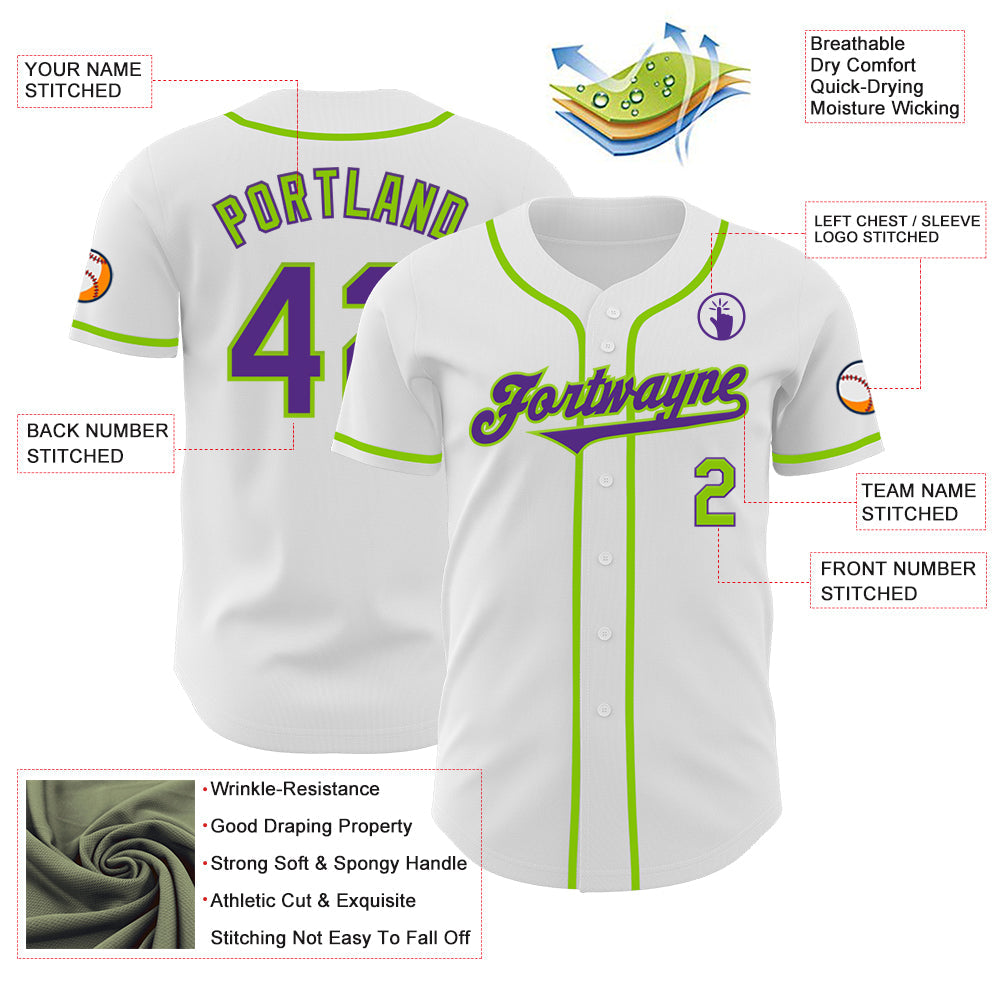 Custom White Purple-Neon Green Authentic Baseball Jersey - Sky-Custom