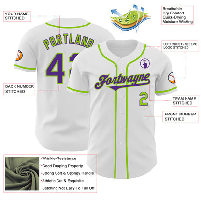 Custom White Purple-Neon Green Authentic Baseball Jersey - Sky-Custom