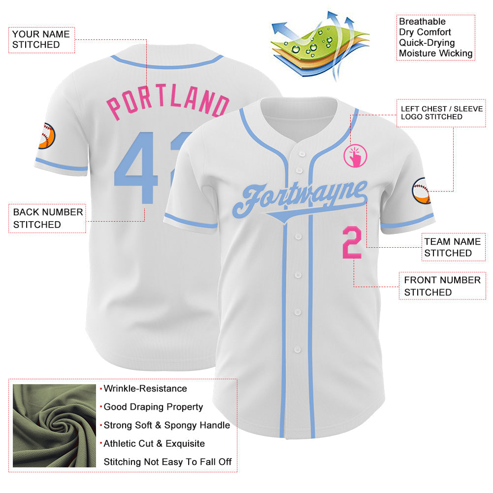 Custom White Light Blue-Pink Authentic Baseball Jersey - Sky-Custom