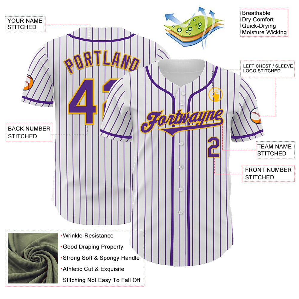 Custom White Purple Pinstripe Gold Authentic Baseball Jersey - Sky-Custom