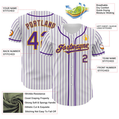 Custom White Purple Pinstripe Gold Authentic Baseball Jersey - Sky-Custom