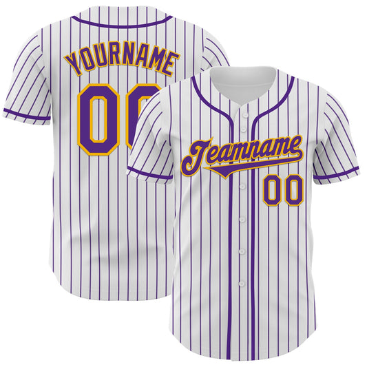 Custom White Purple Pinstripe Gold Authentic Baseball Jersey - Sky-Custom