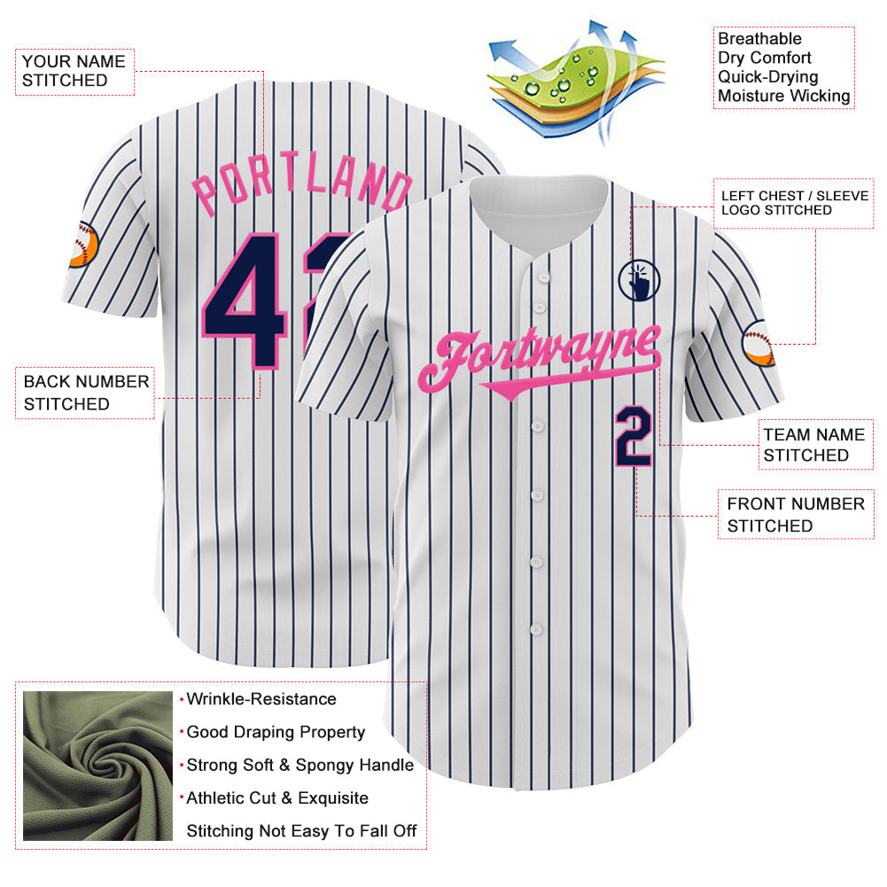 Custom White Navy Pinstripe Pink Authentic Baseball Jersey - Sky-Custom