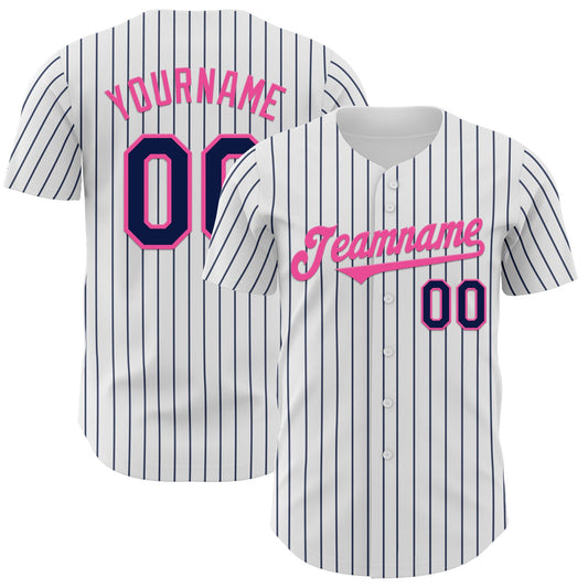 Custom White Navy Pinstripe Pink Authentic Baseball Jersey - Sky-Custom