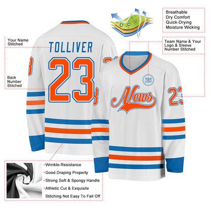 Custom White Orange-Blue Hockey Jersey - Sky-Custom