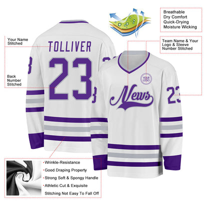 Custom White Purple-Gray Hockey Jersey - Sky-Custom