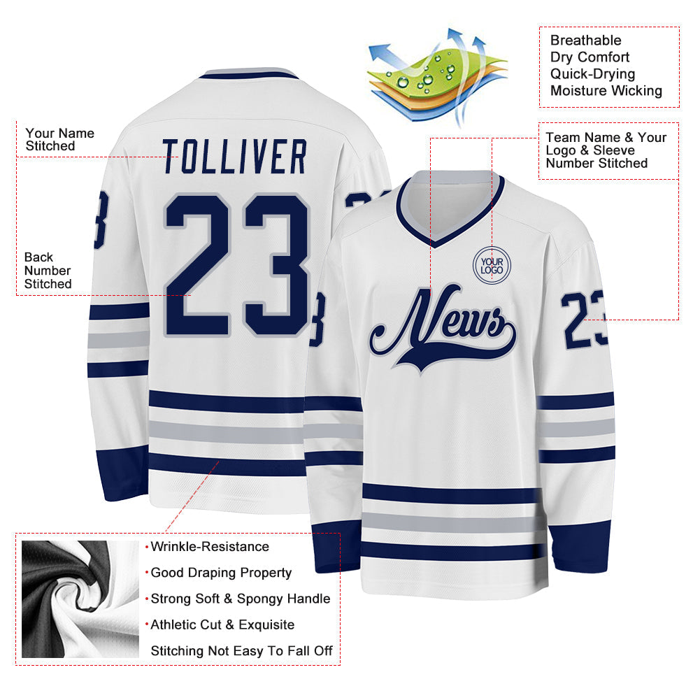 Custom White Navy-Gray Hockey Jersey - Sky-Custom