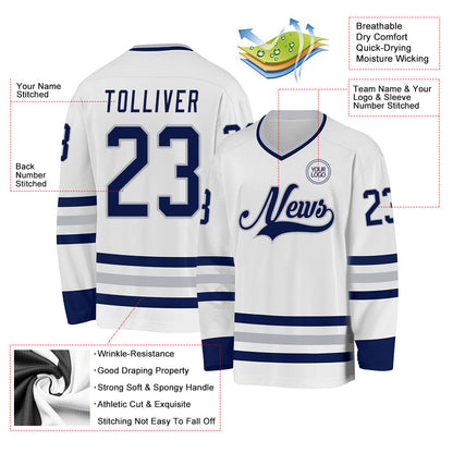 Custom White Navy-Gray Hockey Jersey - Sky-Custom