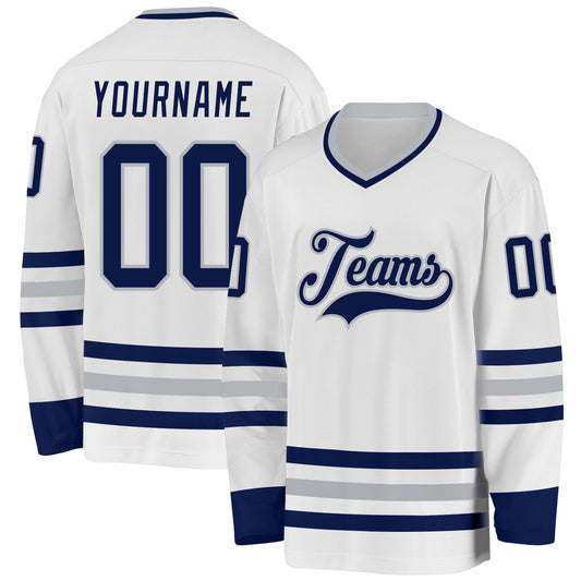 Custom White Navy-Gray Hockey Jersey - Sky-Custom