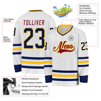 Custom White Navy Gold-Maroon Hockey Jersey - Sky-Custom