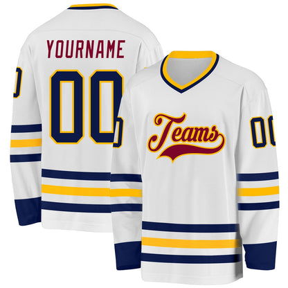 Custom White Navy Gold-Maroon Hockey Jersey - Sky-Custom