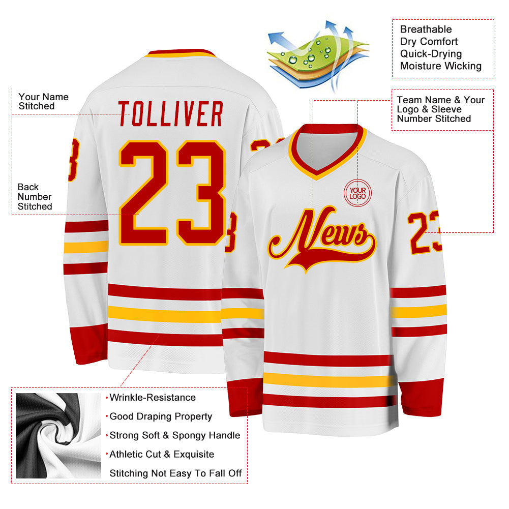 Custom White Red-Gold Hockey Jersey - Sky-Custom