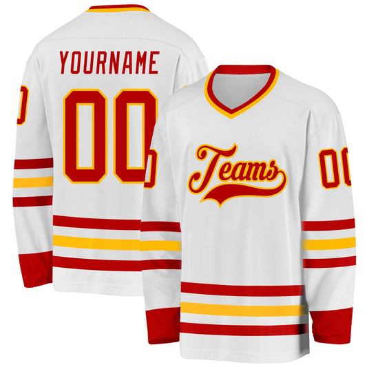 Custom White Red-Gold Hockey Jersey - Sky-Custom