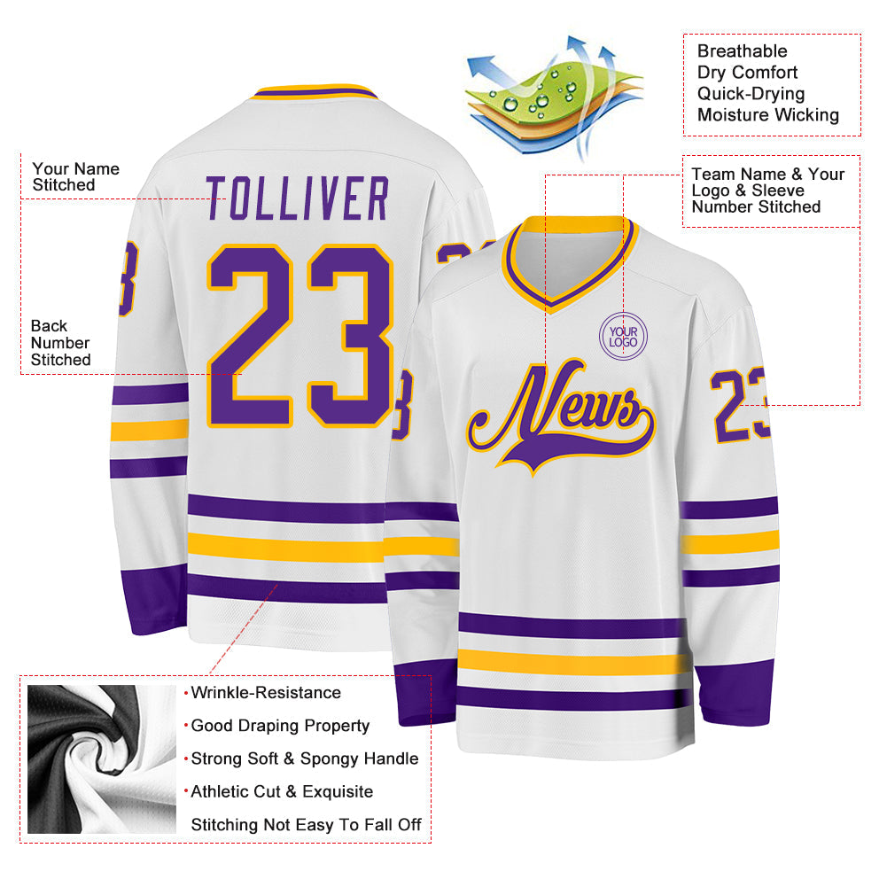 Custom White Purple-Gold Hockey Jersey - Sky-Custom