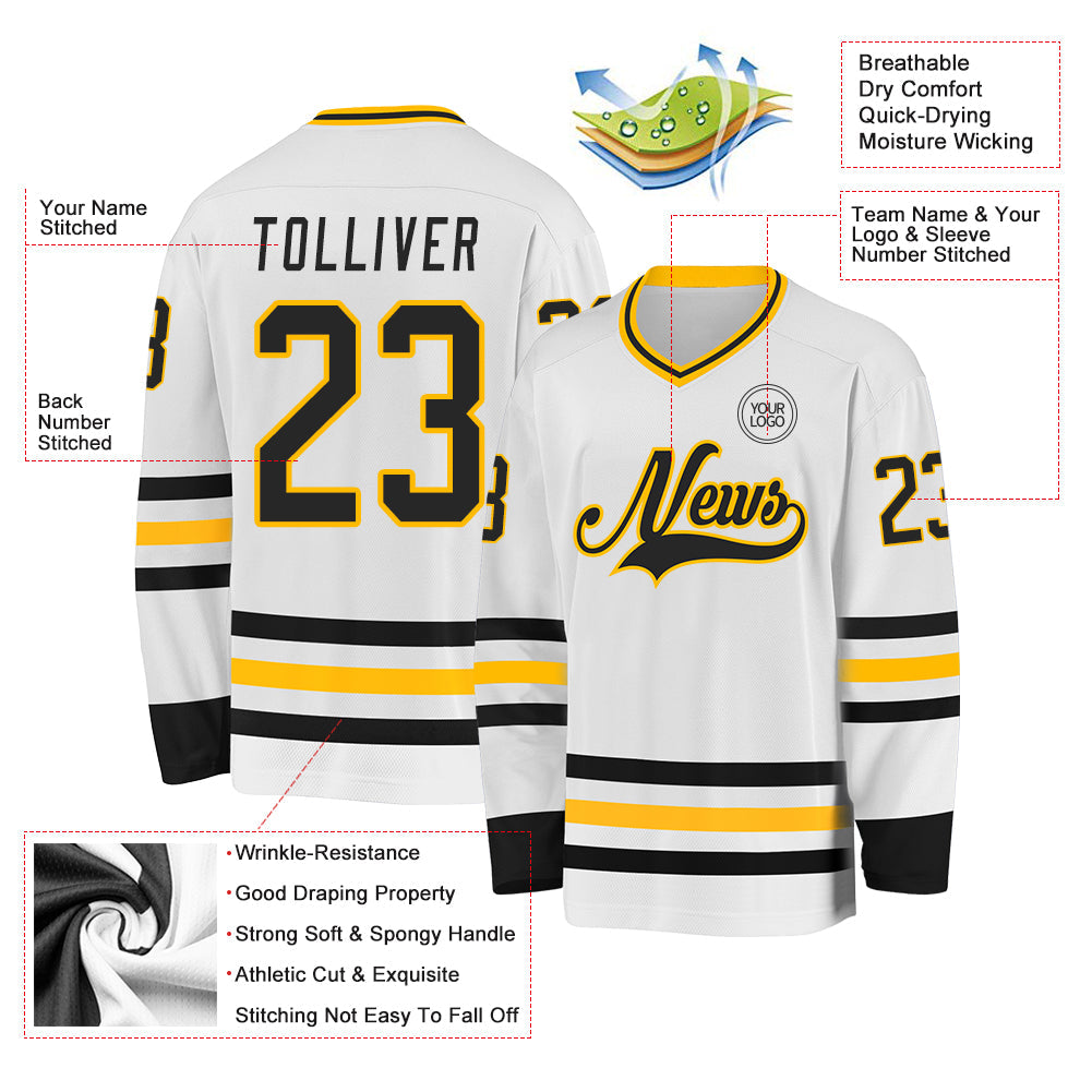 Custom White Black-Gold Hockey Jersey - Sky-Custom