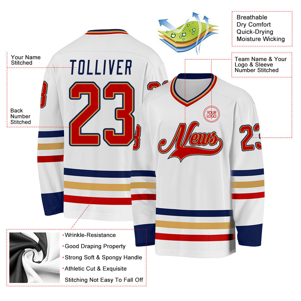 Custom White Red Old Gold-Navy Hockey Jersey - Sky-Custom