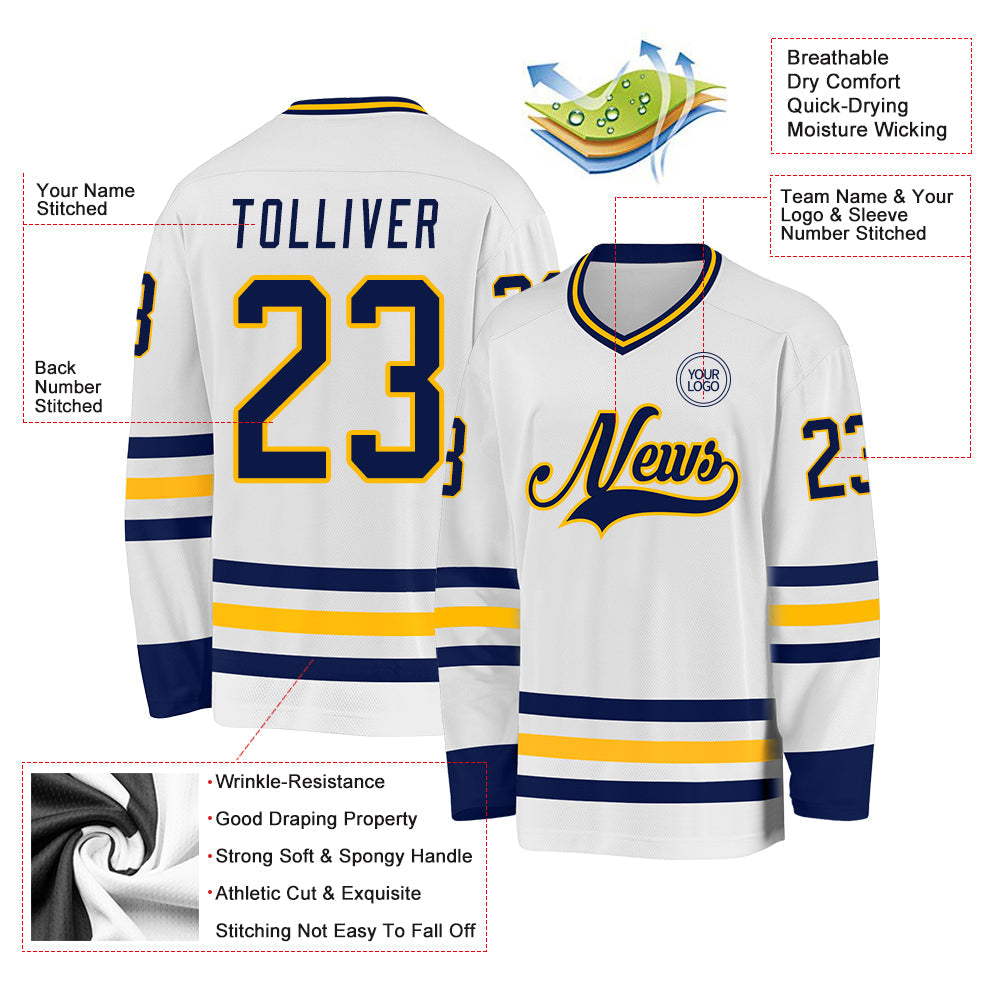 Custom White Navy-Gold Hockey Jersey - Sky-Custom