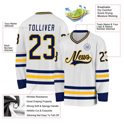 Custom White Navy-Gold Hockey Jersey - Sky-Custom