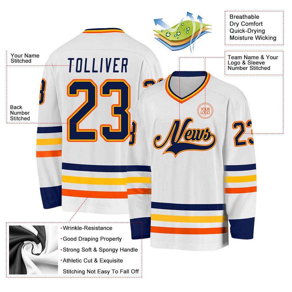Custom White Navy Gold-Orange Hockey Jersey - Sky-Custom