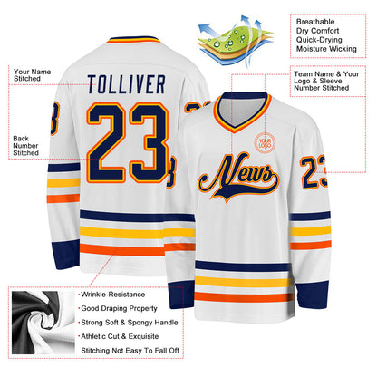 Custom White Navy Gold-Orange Hockey Jersey - Sky-Custom