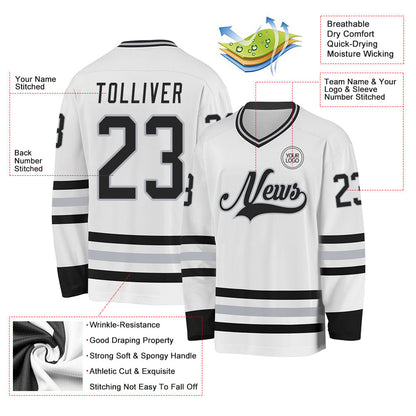 Custom White Black-Gray Hockey Jersey - Sky-Custom