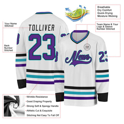 Custom White Purple Black-Teal Hockey Jersey - Sky-Custom